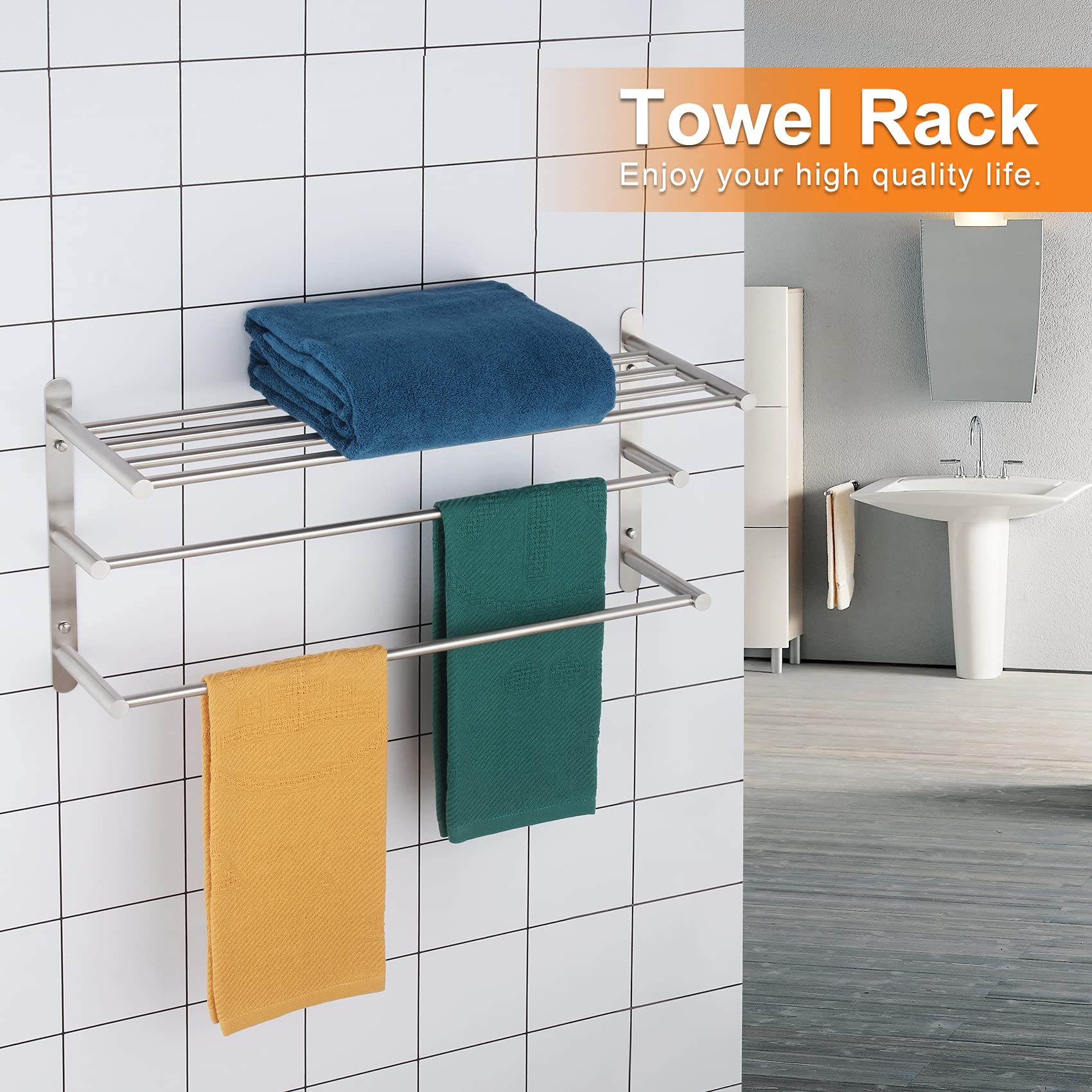 KOKOSIRI 3 Tier Bath Towel Bar 24 Inch Wall Mounting Rack with Towel Bars Towel Shelf with Single Towel Bar Bathroom Ladder  Brushed Steel  B5003BR